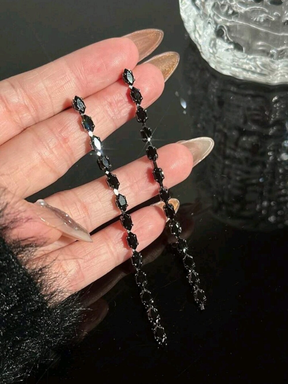 Black Zirconia Tassel Earrings, NWOT - Picture 4 of 6